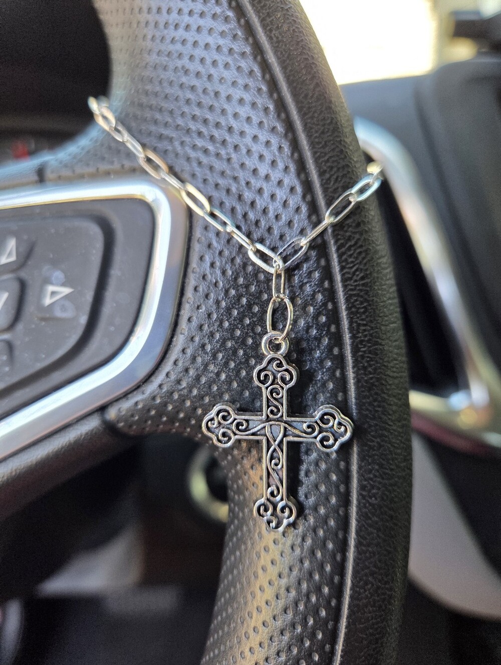 Hand Crafted Silver Cross Steering Wheel Charm Chain Rearview Mirror Charm